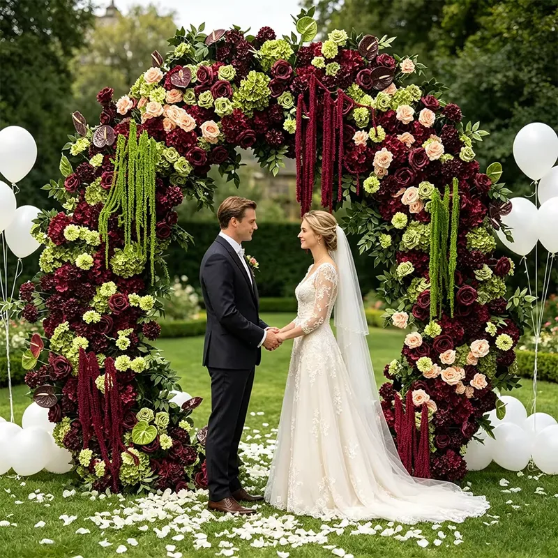 버건디 세이지 그린 트레일링 태슬 웨딩 아치 꽃 장식  - Wedding Arch Flower 리뷰 및 가격
