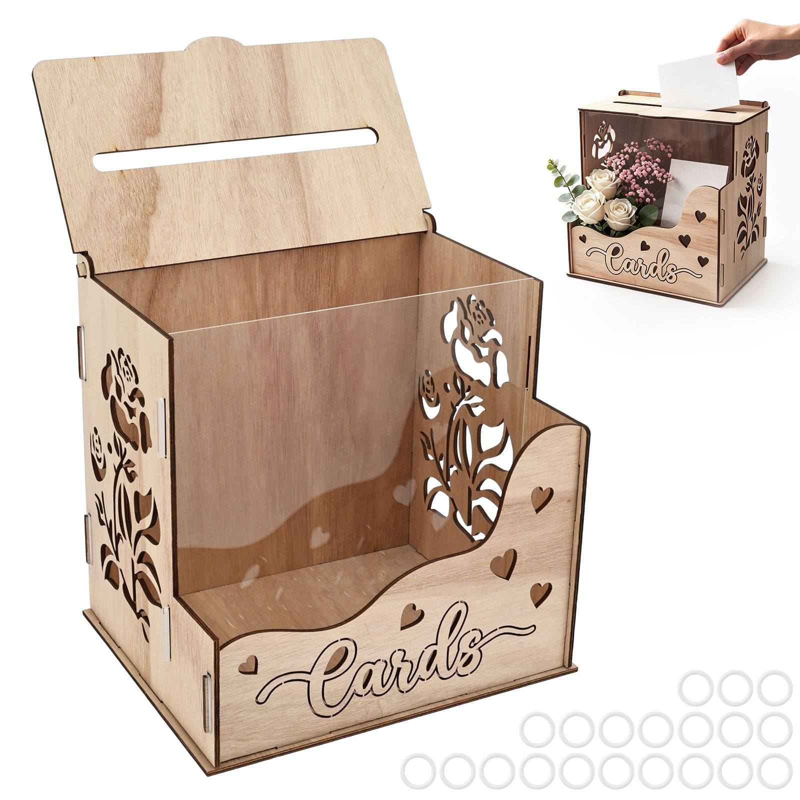 아크릴 창과 꽃꽂이가 있는 나무 파티 카드 상자, 결혼 - Wedding Card Box 리뷰 및 가격