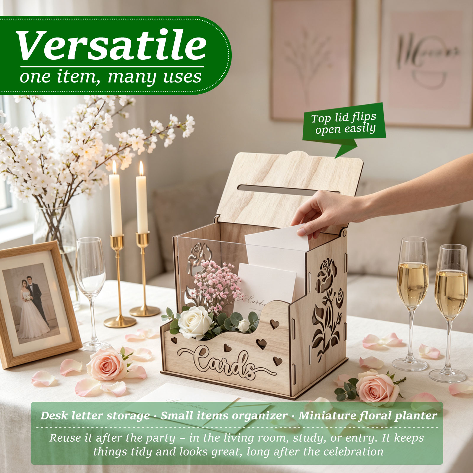 아크릴 창과 꽃꽂이가 있는 나무 파티 카드 상자, 결혼 - Wedding Card Box 리뷰 및 가격