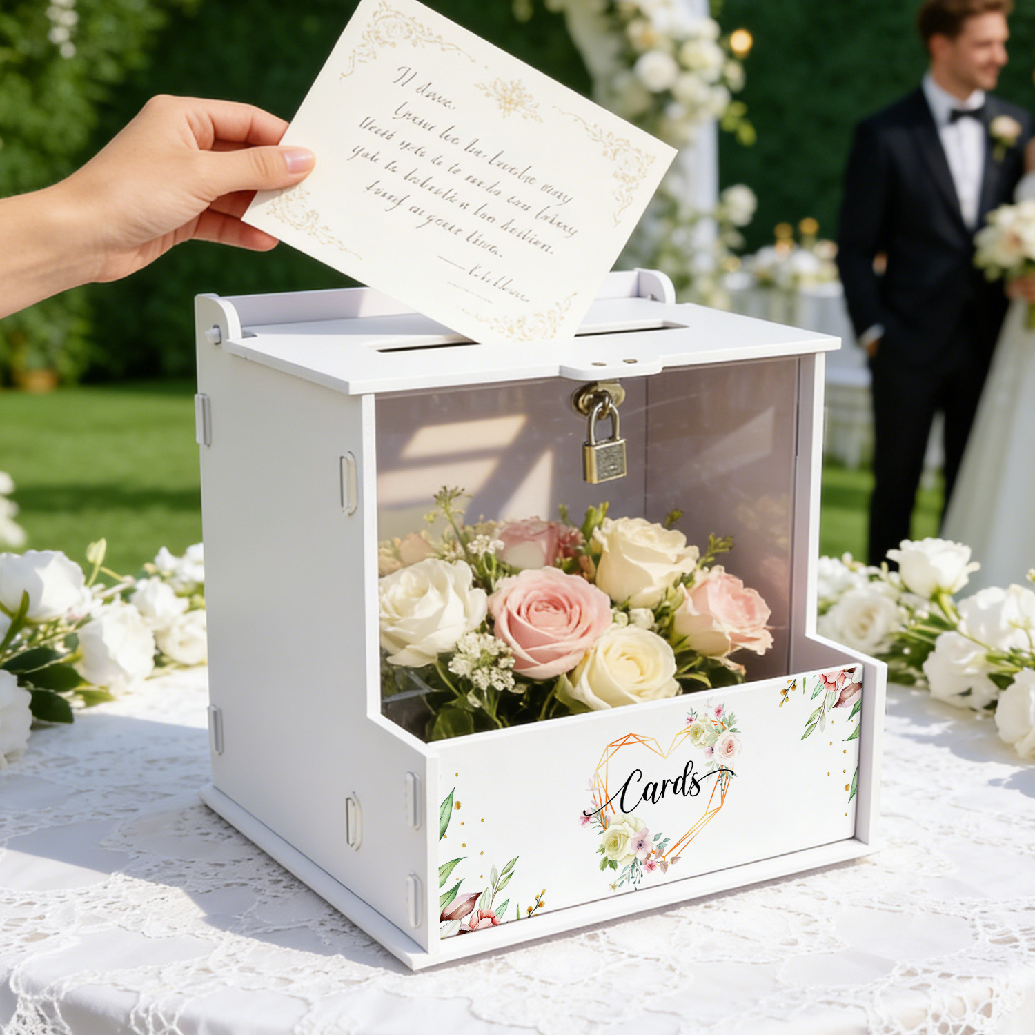 흰색 PVC 웨딩 카드 박스, 꽃무늬 장식, 잠금장치가 - Wedding Favor Box 리뷰 및 가격